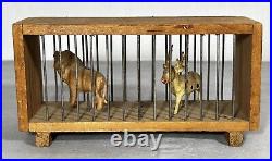 Antique German Zoo Circus Celluloid Animals Wood & Wire Cage Lion Antelope