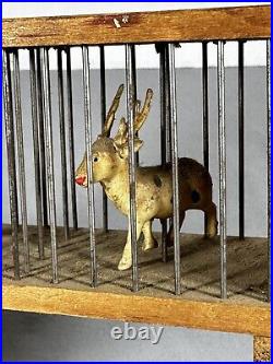 Antique German Zoo Circus Celluloid Animals Wood & Wire Cage Lion Antelope