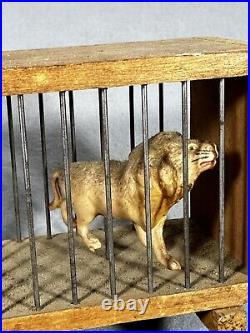 Antique German Zoo Circus Celluloid Animals Wood & Wire Cage Lion Antelope