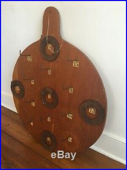 Antique Handmade Carnival Circus Fair Wood Ring Toss Game With 5 Leather Rings