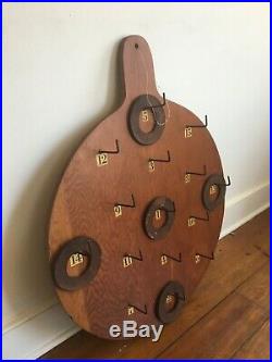 Antique Handmade Carnival Circus Fair Wood Ring Toss Game With 5 Leather Rings