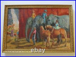 Antique Impressionist Oil Painting Circus Show Acrobats Wpa Style Elephants