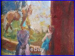 Antique Impressionist Oil Painting Circus Show Acrobats Wpa Style Elephants
