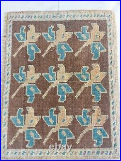 Antique Lucky Leaf Rug Hand Knotted Super Faded Rug Blue Beige Brown Carpet Rug