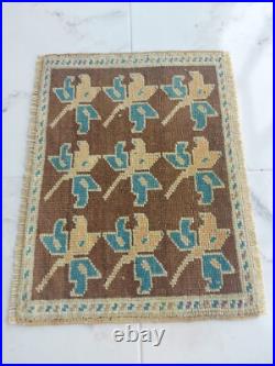 Antique Lucky Leaf Rug Hand Knotted Super Faded Rug Blue Beige Brown Carpet Rug