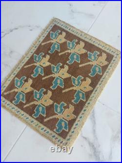 Antique Lucky Leaf Rug Hand Knotted Super Faded Rug Blue Beige Brown Carpet Rug
