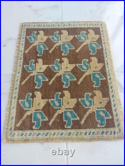 Antique Lucky Leaf Rug Hand Knotted Super Faded Rug Blue Beige Brown Carpet Rug