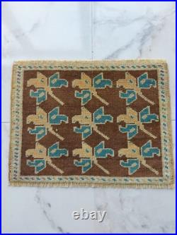Antique Lucky Leaf Rug Hand Knotted Super Faded Rug Blue Beige Brown Carpet Rug