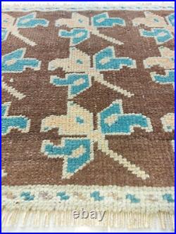 Antique Lucky Leaf Rug Hand Knotted Super Faded Rug Blue Beige Brown Carpet Rug