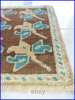 Antique Lucky Leaf Rug Hand Knotted Super Faded Rug Blue Beige Brown Carpet Rug