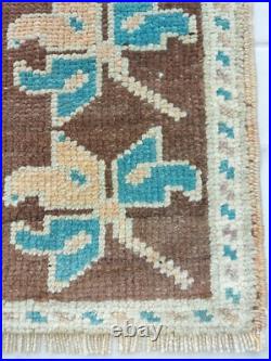 Antique Lucky Leaf Rug Hand Knotted Super Faded Rug Blue Beige Brown Carpet Rug