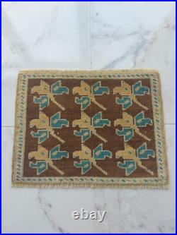Antique Lucky Leaf Rug Hand Knotted Super Faded Rug Blue Beige Brown Carpet Rug