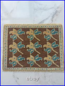 Antique Lucky Leaf Rug Hand Knotted Super Faded Rug Blue Beige Brown Carpet Rug