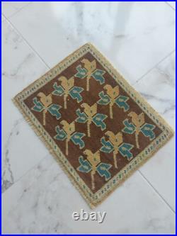 Antique Lucky Leaf Rug Hand Knotted Super Faded Rug Blue Beige Brown Carpet Rug