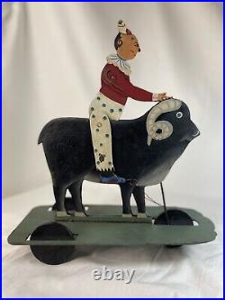 Antique Metal Pull Toy Circus Clown Man Riding Ram Handpainted 1940's