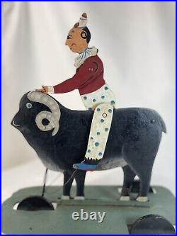 Antique Metal Pull Toy Circus Clown Man Riding Ram Handpainted 1940's