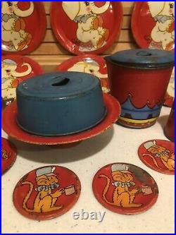 Antique Ohio Art Company Children's Tin Litho Tea Set Circus Elephant & Monkey