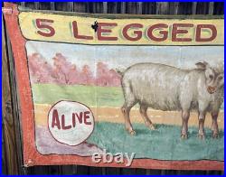 Antique Painted Canvas Fred G. Johnson 5 Legged Sheep Carnival Sideshow Banner Antique Painted Canvas Fred G. Johnson 5 Legged Sheep Carnival Sideshow Banner
