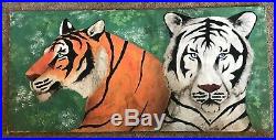 Antique Painted Circus Carnival Sideshow Canvas Banner Tigers, Signed Folk Art