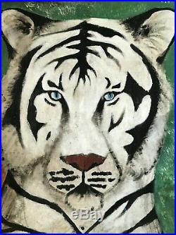 Antique Painted Circus Carnival Sideshow Canvas Banner Tigers, Signed Folk Art