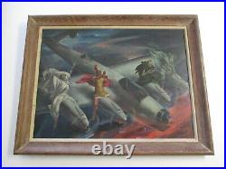 Antique Painting Jules Rauschert Wpa American Master Surrealist War Plane Ww2