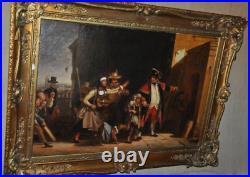 Antique Painting Oil Canvas Circus Chromolithography Frame Wood Lady Dog 19th