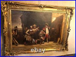 Antique Painting Oil Canvas Circus Chromolithography Frame Wood Lady Dog 19th
