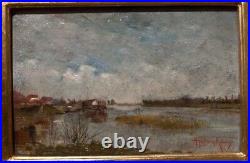Antique Painting Oil On Wood A. Guillemin Roboisy Lakeside Landscape Rare 19th