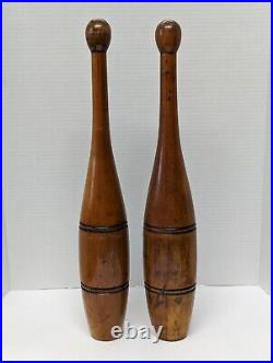 Antique Pair of 2 Lb Wooden Juggling Pins Indian Exercise Circus Carnival 18.5