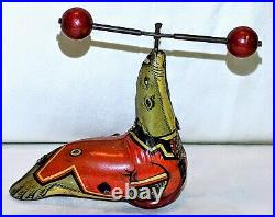Antique Pre-war J. Chein Circus Seal withWooden Barbell Tin Toy NM 100% Orig. WORKS