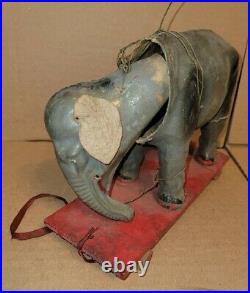 Antique Primative Paper Mache Circus Elephant On Red Platform