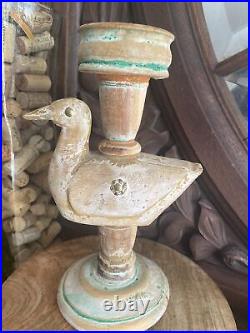 Antique Primitive Carved Candlestick Holder Wooden Folk Art Duck Decoy Handmade