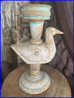 Antique Primitive Carved Candlestick Holder Wooden Folk Art Duck Decoy Handmade