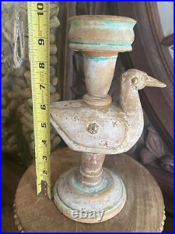Antique Primitive Carved Candlestick Holder Wooden Folk Art Duck Decoy Handmade