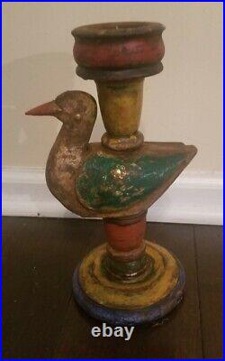 Antique Primitive Carved Wooden Painted Duck Decoy Candlestick Holder