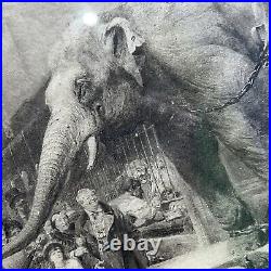 Antique Print Art Pencil Circus Animals Elephant Monkeys Bear scene framed