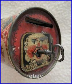 Antique Rare Early Circus Themed Tin Still Money Bank With Key Opening