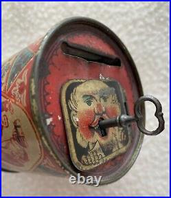 Antique Rare Early Circus Themed Tin Still Money Bank With Key Opening