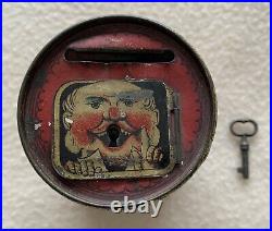 Antique Rare Early Circus Themed Tin Still Money Bank With Key Opening