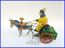 Antique Rare Old Wind-up Tin Toy Circus Clown Horseman Hours Zebra Waggon