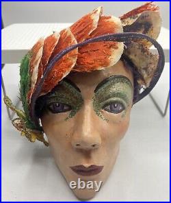 Antique Rare Papier Mache Mask Walk Hanging Mardi Gras Venetian Feathers