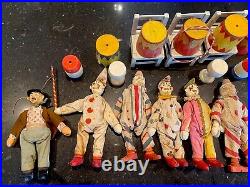 Antique Schoenhut Circus, 20 Animals, 5 Clowns, 1 Hobo, 5 Barrels, Chairs