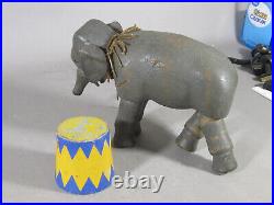 Antique Schoenhut Humpty Dumpty Circus Glass Eyed Elephant And Circus Prop Stool