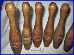 Antique Set Of 9 Primitive USA Hard Wood Circus Carnival Game Toy Bowling Pins