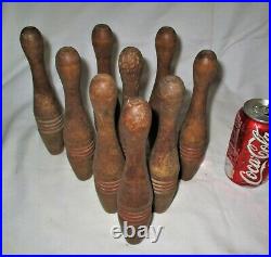 Antique Set Of 9 Primitive USA Hard Wood Circus Carnival Game Toy Bowling Pins
