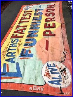 Antique Sideshow Circus Banner Fred Johnson Alive Earths Fatest Funniest 14ft