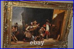 Antique Small Circus Big Chromolithography Canvas Wooden Frame Gilt Painting 19c