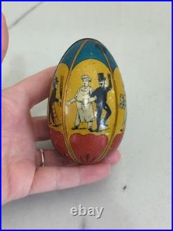 Antique Tin Litho Easter Egg Candy Container Circus Baker Chimney Sweeper Rare