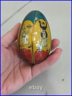 Antique Tin Litho Easter Egg Candy Container Circus Baker Chimney Sweeper Rare