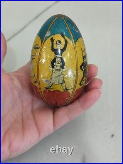 Antique Tin Litho Easter Egg Candy Container Circus Baker Chimney Sweeper Rare
